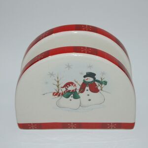 Ceramic Napkin Holder 4" Tall White Red Rim,  Snowmen & Snowflakes 5" Wide